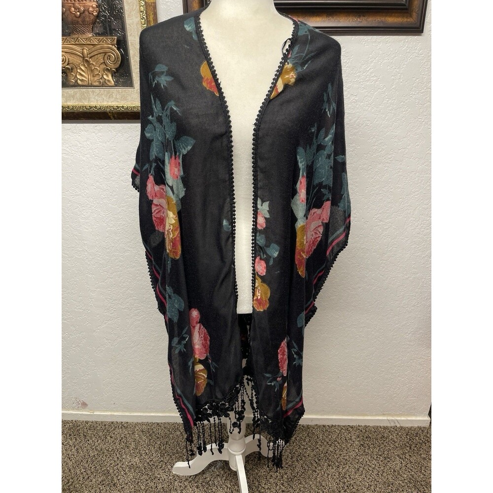 Woven Heart Women’s L Black Floral Kimono Duster Crochet Lace Boho Coverup, Used - Picture 1 of 6